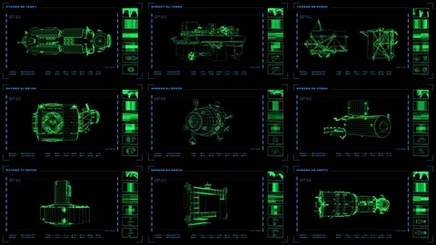 Looping, reversible nine-panel wireframe display of modular elements with data Stock Footage 76663920