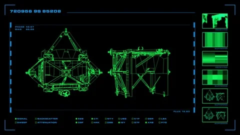 Looping, reversible single-panel wireframe display of modular element with data Stock Footage 76663041