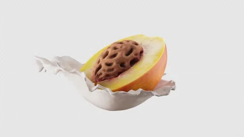 Looping rotation of half a peach with pit in splashes of milk. Alpha Channel. Stock Footage 285161883