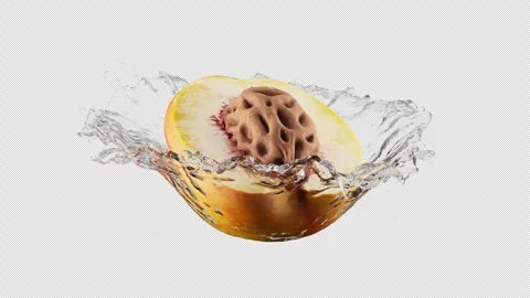 Looping rotation of half a peach with pit in splashing water. Alpha Channel. 스톡 동영상 285162671