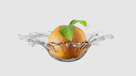 A looping rotation of an orange in water splashes. Alpha Channel. Stock Footage 285160378