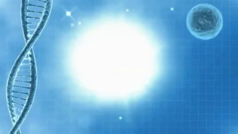 Looping science background with DNA molecules, particulars and optical flares Video stock 98247387