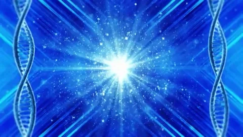 Looping science background with DNA molecules, particulars and optical flares Stock Footage 98247390