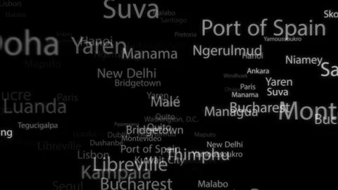 Looping Tag Cloud of World Capitals, 4K White Text on Black Background Stock Footage 306583417