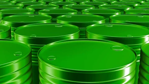 Looping UHD 60 fps 3D animation of the green oil barrels Stockbeeldmateriaal 107422317