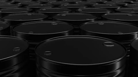 Looping UHD 60 fps 3D animation of the black oil barrels Video stock 107450309