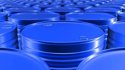 Looping UHD 60 fps 3D animation of the blue oil barrels Video stock 107504032