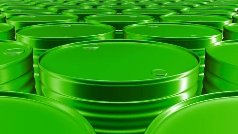 Looping UHD 60 fps 3D animation of the green oil barrels Stock-Footage 107784675