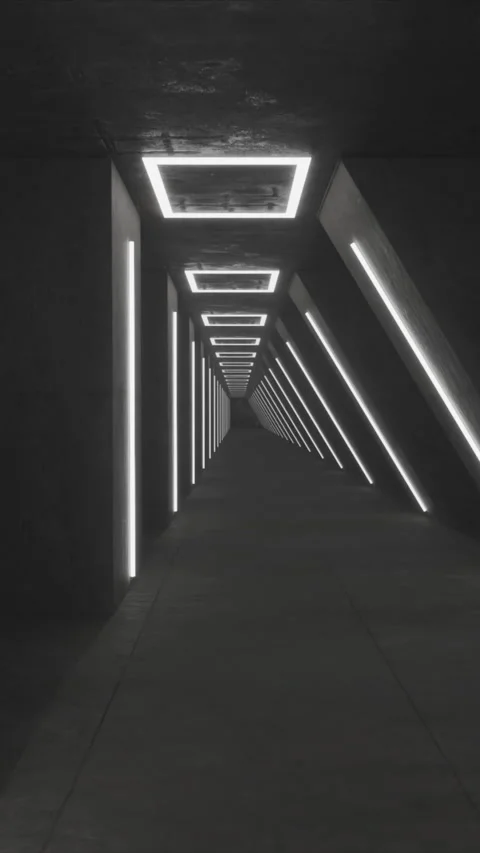 Looping vertical animation camera flythrough grey concrete illuminated tunnel Stock Footage 277452248