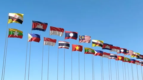 Looping video of ASEAN flag Waving on blue sky background Stock Footage 293407272