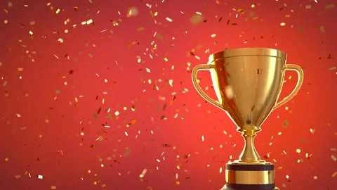 Looping video of Golden trophy with falling golden confetti, Victory concept Stock Footage 246339581