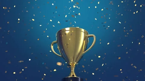 Looping video of Golden trophy with falling golden confetti, Victory concept Stock Footage 246339594