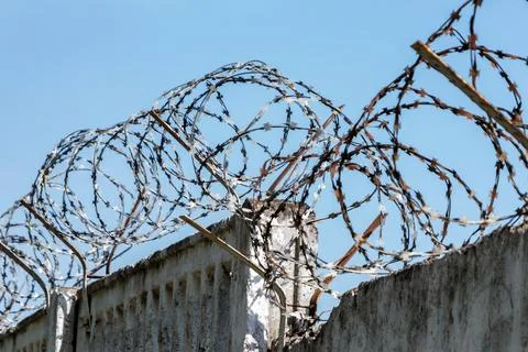 Loops of rusty barbed wire on top of a concrete fence against a blue sky, sho Foto stock