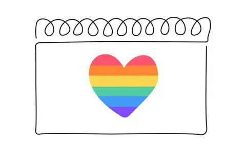 Loose-leaf calendar continuous line drawing with hearts in rainbow colors. .. Stock-Illustration
