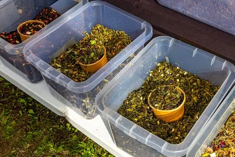 Loose Leaf Green Tea Blends In Bins At Market Stock Photos