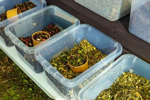 Loose Leaf Tea Varieties Display In Bins At Market Stock Photos