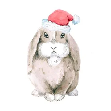 A lop-eared brown rabbit in the New Year's cap of Santa Clais. . watercolor Illustrazione stock