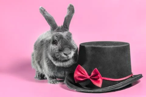 Lop-eared dwarf rabbit next to a black cylinder hat on a pink background Stock Photos