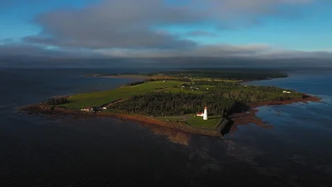 Lord Edward Island, Point Prim Lighthouse Aerial Establishing Stock Footage