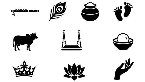 Lord Krishna attributes black glyph icons set, symbols of hindu deity and m.. Stock Illustration