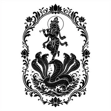 Lord Krishna dancing on the multi-headed serpent in decorative floral frame.. Ilustração Stock