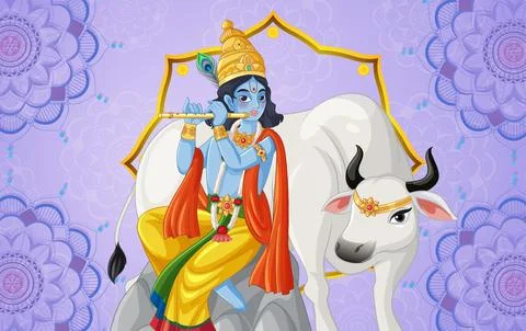 Lord Krishna Playing Flute Beside a White Cow Illustration Stock Illustration