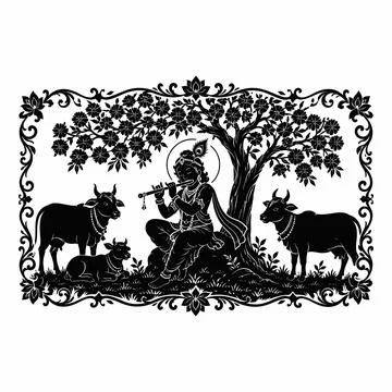 Lord Krishna playing flute with cows under tree silhouette art vector illus.. Stock-Illustration