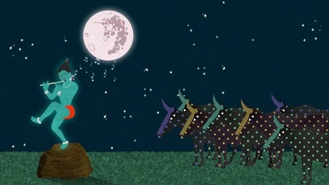 Lord Krishna Playing the Flute to a Herd of Cows at Night Stock Footage 79807131