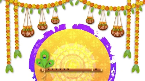 Lord Krishna's flute, dahi handi and flower decoration Stock Footage 313229895