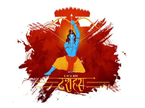 Lord Ram Holding Bow Arrow with Silhouette Ravan Demon and Brush Stroke Eff.. Stock Illustration