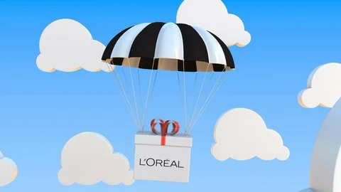 L'OREAL logo on moving box moves under parachute. Editorial loopable 3D Stock Footage 122768405