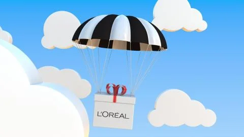 L'OREAL logo on moving box moves under parachute. Editorial 3D rendering イラスト素材