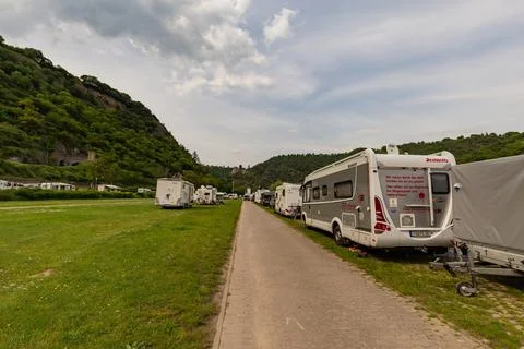 Loreley, Germany - May 24, 2019: Caravans and recreational vehicles camp on t Stock Photos