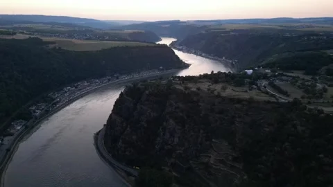 Loreley rock and Rhine river near St. Goar at sunset - Zoom-In-Clip Stock Footage 263661034