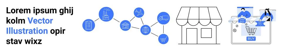 Lorem ipsum placeholder text, network nodes connected, storefront outline, cu Illustrazione stock