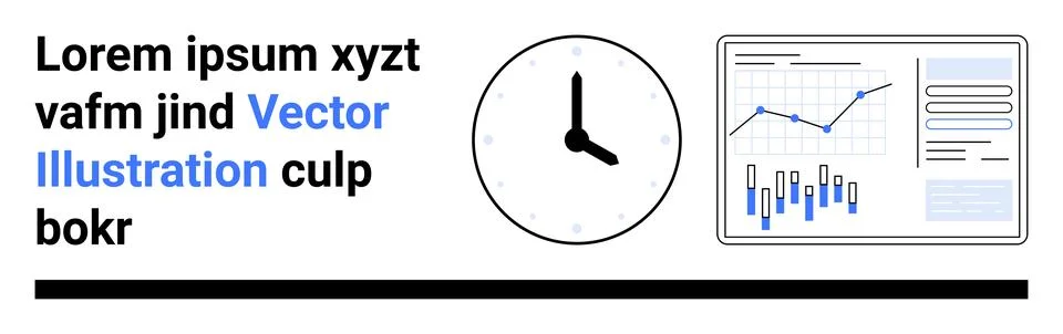 Lorem ipsum text, analog clock, and analytics screen with charts. Ideal for i Ilustración de archivo
