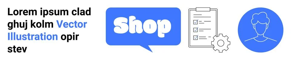 Lorem ipsum text on left. Center features shop button in a speech bubble. Doc Stock Illustration