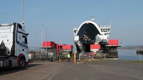 Lorry with heavy load boarding MV Caledonian Isles at Ardrossan, Scotland Video stock 172549310