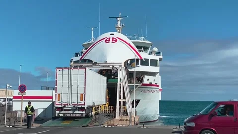 Lorry loading onto the Armas Ferry Volcan De Tindaya to Lanzarote at Corralejo Stock Footage 239626452
