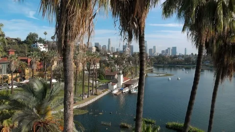 Los Angeles Aerial Shot Downtown Skyline over Palm Trees and Echo Park Lake Stock Footage
