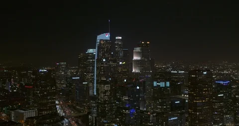 Los Angeles Aerial v160 Downtown building cityscape birdseye at night into Stock Footage
