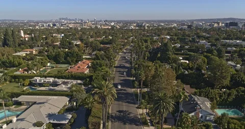 Los Angeles Aerial v201 Following path of Beverly Hills, The Flats neighborhoods Stock Footage