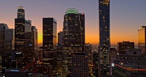 Los Angeles Aerial v232 Flying through downtown buildings cityscape toward Stock Footage