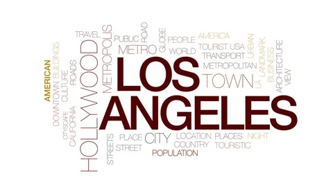 Los Angeles animated word cloud, text design animation. Kinetic typography. Stock Footage 75579878