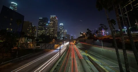 Los Angeles, CA, USA - Light trails Freeway 110 - Timelapse zoom in Stock Footage 75282136