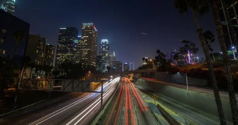 Los Angeles, CA, USA - Light trails Freeway 110 - Timelapse pan left Stock Footage 75282181