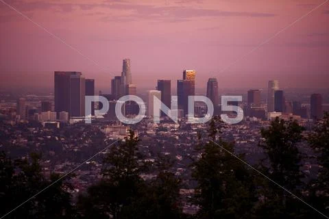 Los angeles, california, usa. los angeles skyline in sunset. american cities Stock Photos