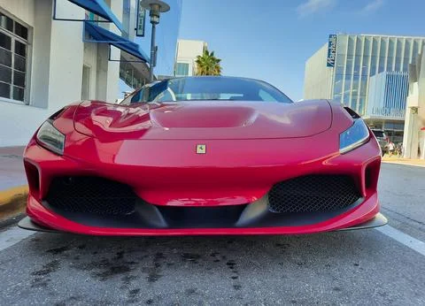 Los Angeles, California USA - March 24, 2021: red Ferrari F8 Tributo luxury Stock Photos