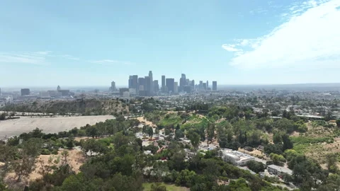 Los Angeles, California, USA - Pullback Aerial Over Elysian Park and Downtown LA Stock Footage 345261203
