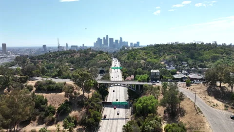 Los Angeles, California, USA - Pullback Drone View of Highway in Downtown Stock Footage 345538144